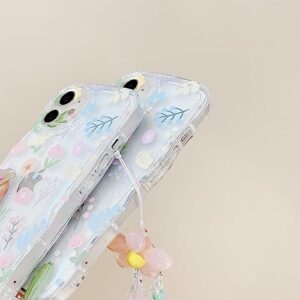 Aitipy Compatible with iPhone 11 case, Cute Colorful Flower Print with Lovely Flower Bracelet Chain, Wave Border Clear Phone Case, Soft TPU Shockproof Protective Case for Women Girls