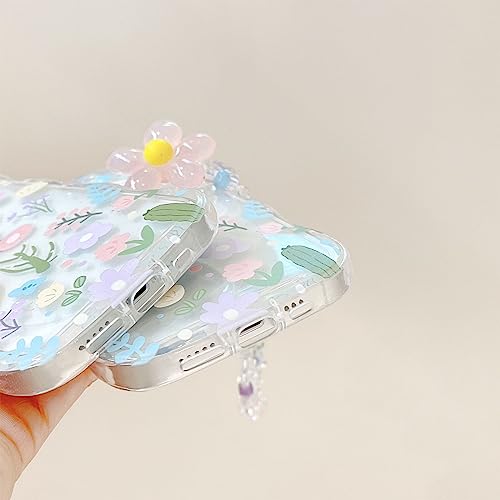 Aitipy Compatible with iPhone 11 case, Cute Colorful Flower Print with Lovely Flower Bracelet Chain, Wave Border Clear Phone Case, Soft TPU Shockproof Protective Case for Women Girls
