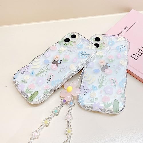 Aitipy Compatible with iPhone 11 case, Cute Colorful Flower Print with Lovely Flower Bracelet Chain, Wave Border Clear Phone Case, Soft TPU Shockproof Protective Case for Women Girls