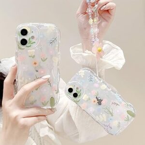 Aitipy Compatible with iPhone 11 case, Cute Colorful Flower Print with Lovely Flower Bracelet Chain, Wave Border Clear Phone Case, Soft TPU Shockproof Protective Case for Women Girls