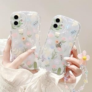 Aitipy Compatible with iPhone 11 case, Cute Colorful Flower Print with Lovely Flower Bracelet Chain, Wave Border Clear Phone Case, Soft TPU Shockproof Protective Case for Women Girls