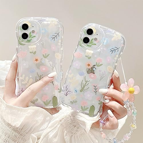 Aitipy Compatible with iPhone 11 case, Cute Colorful Flower Print with Lovely Flower Bracelet Chain, Wave Border Clear Phone Case, Soft TPU Shockproof Protective Case for Women Girls