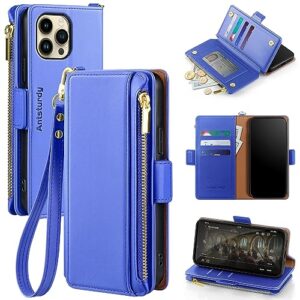 antsturdy for iphone 13 pro wallet case women with card holder,pu leather 【rfid blocking】 iphone 13 pro phone case men flip folio shockproof cover with strap zipper credit card slots,purple blue