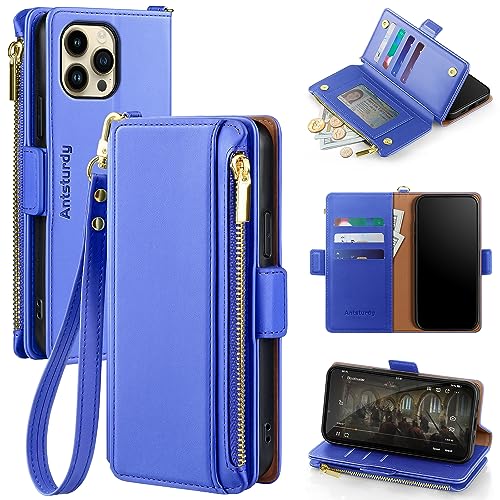 Antsturdy for iPhone 13 Pro Wallet case Women with Card Holder,PU Leather 【RFID Blocking】 iPhone 13 Pro Phone case Men Flip Folio Shockproof Cover with Strap Zipper Credit Card Slots,Purple Blue