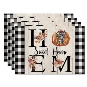 fall placemats set of 4,12x18 inch home sweet home buffalo plaid with pumpkin heat-resistant place mats,seasonal autumn table decors for farmhouse kitchen dining thanksgiving holiday party