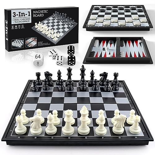 XQW 3 in 1 Classic Board Games Chess Set for Family Night Adults Kids with 9.85" Foldable Chess Board,Magnetic Travel Board Game Set,Including Magnetic Chess Checkers and Backgammon