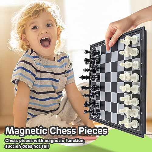 XQW 3 in 1 Classic Board Games Chess Set for Family Night Adults Kids with 9.85" Foldable Chess Board,Magnetic Travel Board Game Set,Including Magnetic Chess Checkers and Backgammon