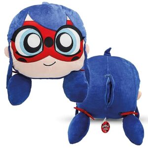 miraculous ladybug - huggie hideaway ladybug, 16.5-inch red and blue plush pillow, super cute soft stuffed toy for kids with large zipper secret pocket in the back (wyncor)