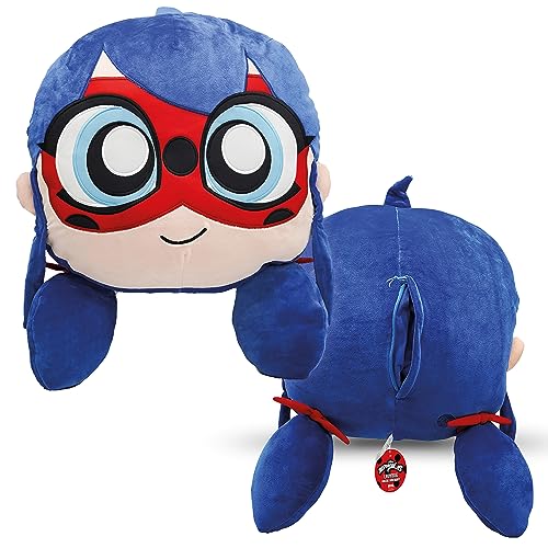 Miraculous Ladybug - Huggie Hideaway Ladybug, 16.5-inch Red and Blue Plush Pillow, Super Cute Soft Stuffed Toy for Kids with Large Zipper Secret Pocket in The Back (Wyncor)