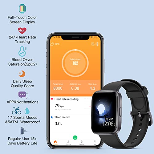 ASWEE Smart Watch Fitness Tracker with 24/7 Heart Rate, Blood Oxygen Blood Pressure and Sleep Monitor, 1.7'' Full Touch Screen 5 ATM Waterproof Smartwatch, Step Counter Watch for Women Men Kids