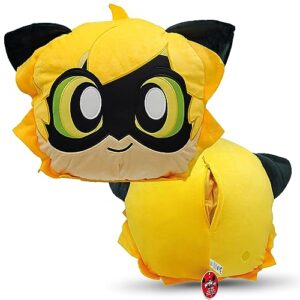 miraculous ladybug - huggie hideaway cat noir, 16.5-inch black plush pillow, super soft stuffed toy for kids with large zipper secret pocket in the back (wyncor)