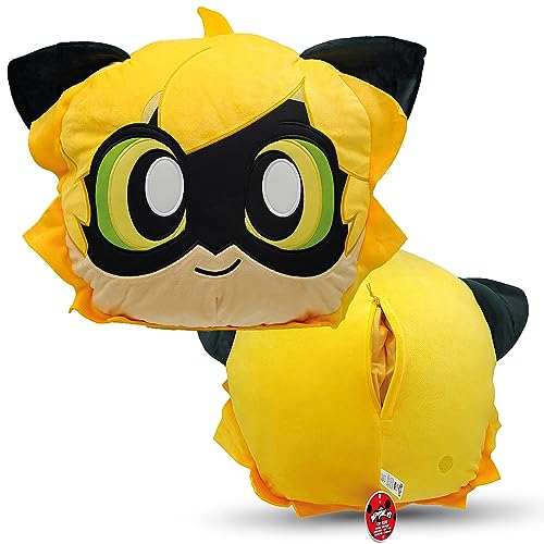 Miraculous Ladybug - Huggie Hideaway Cat Noir, 16.5-inch Black Plush Pillow, Super Soft Stuffed Toy for Kids with Large Zipper Secret Pocket in The Back (Wyncor)