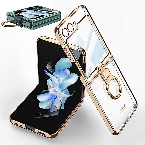 SHIEID Samsung Z Flip 5 Case with Ring, Galaxy Z Flip 5 Case with Screen Protector Electroplating Border Design Protective Cover for Samsung Galaxy Z Flip 5, Mist Gold