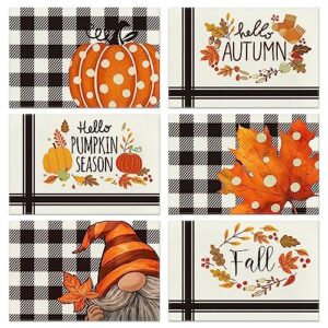 hello fall pumpkin maple leaves gnomes buffalo plaid placemats set of 6 for dining table 12 x 18 inch seasonal autumn harvest holiday rustic vintage thanksgiving table mats