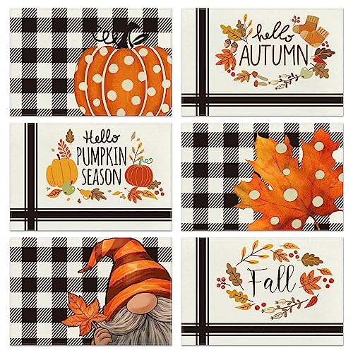 Hello Fall Pumpkin Maple Leaves Gnomes Buffalo Plaid Placemats Set of 6 for Dining Table 12 x 18 Inch Seasonal Autumn Harvest Holiday Rustic Vintage Thanksgiving Table Mats