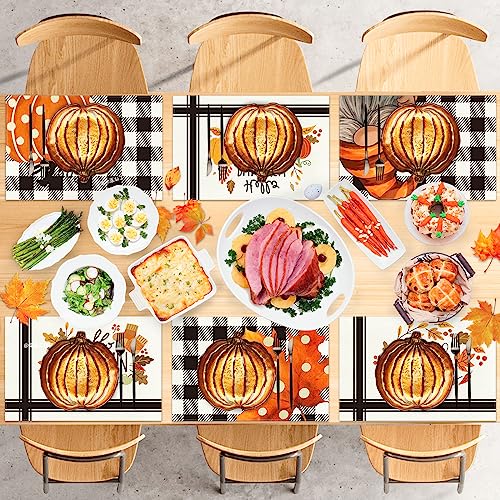 Hello Fall Pumpkin Maple Leaves Gnomes Buffalo Plaid Placemats Set of 6 for Dining Table 12 x 18 Inch Seasonal Autumn Harvest Holiday Rustic Vintage Thanksgiving Table Mats