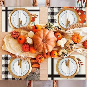 Hello Fall Pumpkin Maple Leaves Gnomes Buffalo Plaid Placemats Set of 6 for Dining Table 12 x 18 Inch Seasonal Autumn Harvest Holiday Rustic Vintage Thanksgiving Table Mats