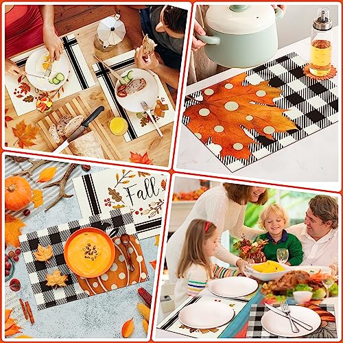 Hello Fall Pumpkin Maple Leaves Gnomes Buffalo Plaid Placemats Set of 6 for Dining Table 12 x 18 Inch Seasonal Autumn Harvest Holiday Rustic Vintage Thanksgiving Table Mats