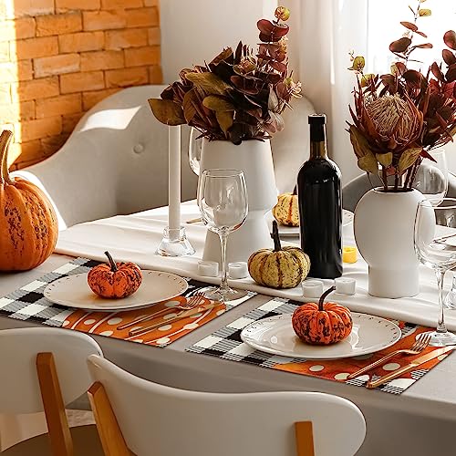 Hello Fall Pumpkin Maple Leaves Gnomes Buffalo Plaid Placemats Set of 6 for Dining Table 12 x 18 Inch Seasonal Autumn Harvest Holiday Rustic Vintage Thanksgiving Table Mats