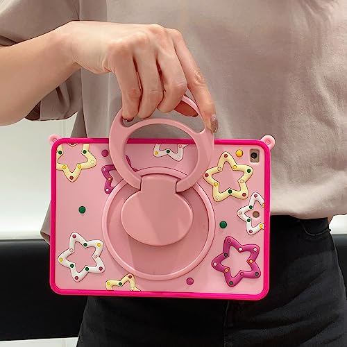 Premium Cute Soft Silicone Pink Star Colorful Kawaii Pattern Tablet Case with Built-in Foldable Kickstand and Lanyard Shockproof Cover Case for iPad Air 4 2020 10.9"