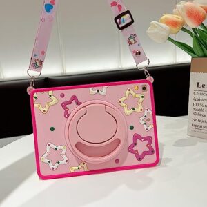 Premium Cute Soft Silicone Pink Star Colorful Kawaii Pattern Tablet Case with Built-in Foldable Kickstand and Lanyard Shockproof Cover Case for iPad Air 4 2020 10.9"