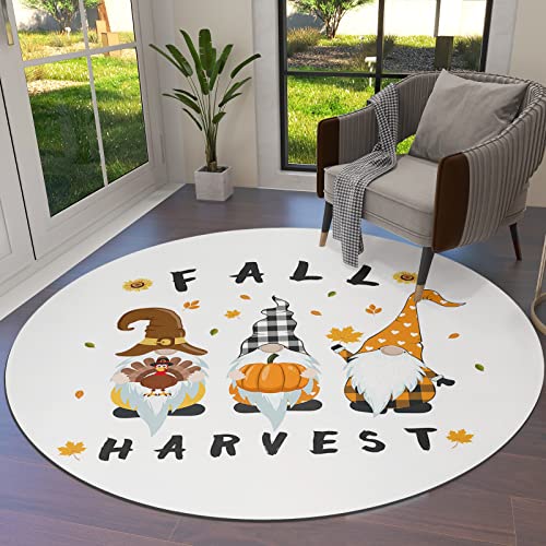 Round Area Rugs Thanksgiving Gnome Non-Slip Floor Carpets for Children Indoor Living Room Bedroom Playroom Floor Mats for Home Decor Kitchen Fall Harvest 3.3ft(39in)