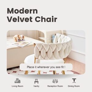 RHYNZEE Accent Velvet Dining Chair with Gold Metal Legs, Woven Modern Living Room Chairs Upholstered Side Chair for Bedroom Kitchen Vanity Guest Reception Room (Beige)