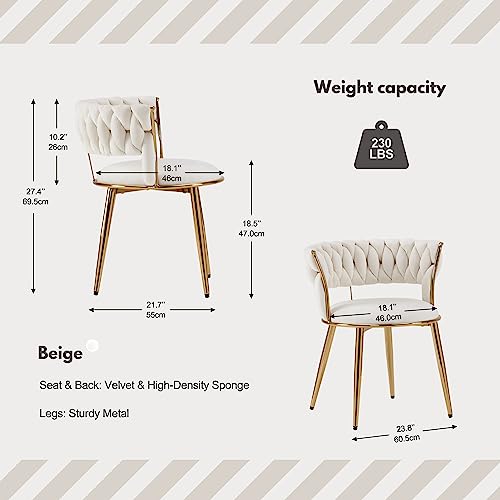 RHYNZEE Accent Velvet Dining Chair with Gold Metal Legs, Woven Modern Living Room Chairs Upholstered Side Chair for Bedroom Kitchen Vanity Guest Reception Room (Beige)