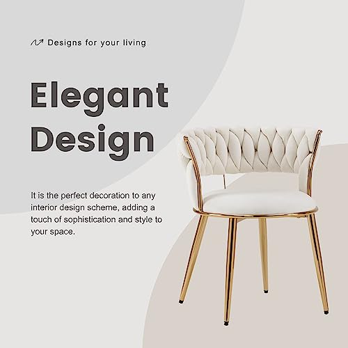 RHYNZEE Accent Velvet Dining Chair with Gold Metal Legs, Woven Modern Living Room Chairs Upholstered Side Chair for Bedroom Kitchen Vanity Guest Reception Room (Beige)