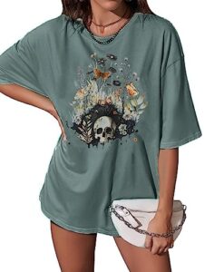women oversized skull shirts skeleton floral graphic loose tshirts halloween teen girls baggy trendy top