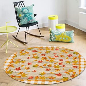 Round Area Rugs Fall Maple Leaf Thanksgiving Non-Slip Floor Carpets for Children Indoor Living Room Bedroom Playroom Floor Mats for Home Decor Kitchen Rustic Orange Plaid 6ft(72in)