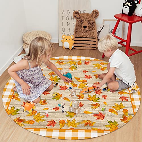 Round Area Rugs Fall Maple Leaf Thanksgiving Non-Slip Floor Carpets for Children Indoor Living Room Bedroom Playroom Floor Mats for Home Decor Kitchen Rustic Orange Plaid 6ft(72in)