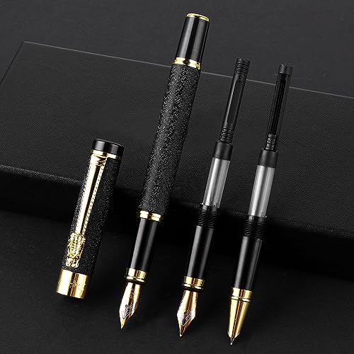 Cobee® Metal Fountain Pen with 3 Different Nibs Set, Luxury Fountain Pen Includes Medium, Extra Fine Point, Bent Nib Calligraphy Writing Pen Frosted Finish Business Pen for Men Women(Black)