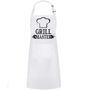 hyzrz funny aprons for men, women - grill master - gifts for fathers day, mothers day, birthday - cooking grilling bbq chef apron (white)