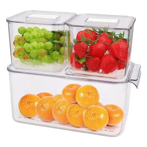 7penn produce storage containers for refrigerator 3 pack with lids - stackable acrylic fruit and vegetable keeper bins for fridge - clear stay fresh cube produce saver set for lettuce, berries, apples