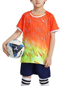 fldy kids youth soccer sport training uniform 2 piece athletic suit football jersey short sleeve t-shirt with shorts kit orange&yellow 7-8 years