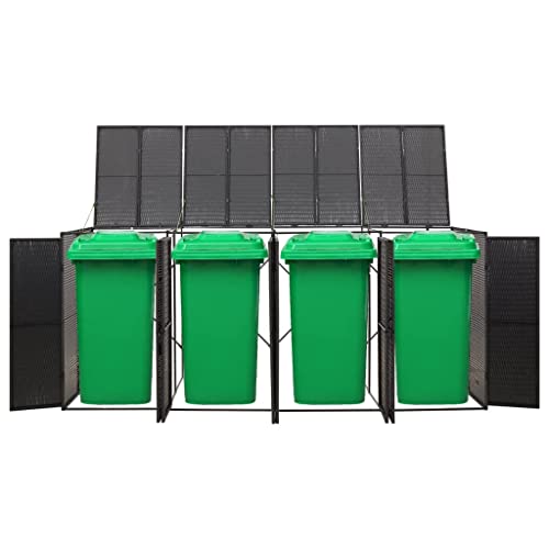 INLIFE Quardruple Wheelie Bin Shed,Poly Rattan Garbage Can Shed Outdoor Garbage Can Enclosure for Garden,Patio,Backyard Outdoor Trash Can Garbage Can Shed Black 107.9"x31.5"x46.1"