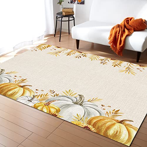 Rugs for Bedroom Living Room Office Kitchen, Watercolor (Gold and White) Pumpkin Leaves Thanksgiving Fall Harvest Soft Carpet Washable Area Rugs, Indoor 5x7 Feet Floor Rug for Home Decor Aesthetic