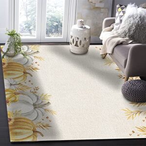 Rugs for Bedroom Living Room Office Kitchen, Watercolor (Gold and White) Pumpkin Leaves Thanksgiving Fall Harvest Soft Carpet Washable Area Rugs, Indoor 5x7 Feet Floor Rug for Home Decor Aesthetic