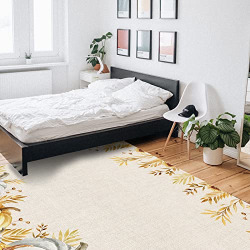 Rugs for Bedroom Living Room Office Kitchen, Watercolor (Gold and White) Pumpkin Leaves Thanksgiving Fall Harvest Soft Carpet Washable Area Rugs, Indoor 5x7 Feet Floor Rug for Home Decor Aesthetic