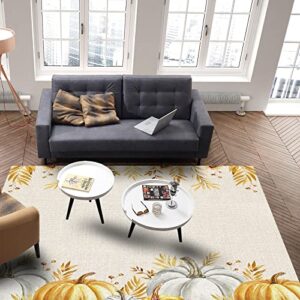 Rugs for Bedroom Living Room Office Kitchen, Watercolor (Gold and White) Pumpkin Leaves Thanksgiving Fall Harvest Soft Carpet Washable Area Rugs, Indoor 5x7 Feet Floor Rug for Home Decor Aesthetic