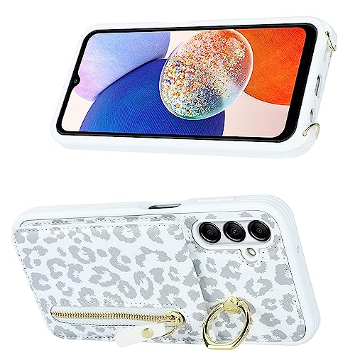 Jaorty Samsung Galaxy A14 5G Phone Case for Women with Card Holder,Crossbody Phone Case for Samsung Galaxy A14 with Strap Lanyard,Credit Card Slots Kickstand Case with Ring Holder,White Leopard