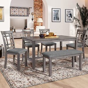 harper & bright designs 6 piece wooden dining table set,kitchen table set with 4 upholstered chairs and bench,farmhouse rustic style dining room table set,antique graywash+linen