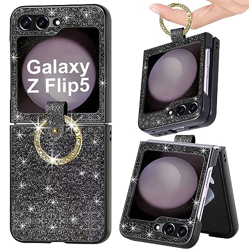 Z Flip 5 Case with Ring, Cute Glitter Bling Slim Leather Galaxy Z Flip 5 Phone Case for Women Girls, Sparkly Rhinestone Diamond Ring Holder Protective Case for Samsung Galaxy Z Flip 5 5G 2023 (Black)