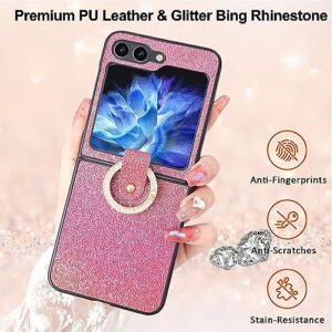 Z Flip 5 Case with Ring, Cute Glitter Bling Slim Leather Galaxy Z Flip 5 Phone Case for Women Girls, Sparkly Rhinestone Diamond Ring Holder Protective Case for Samsung Galaxy Z Flip 5 5G 2023 (Black)