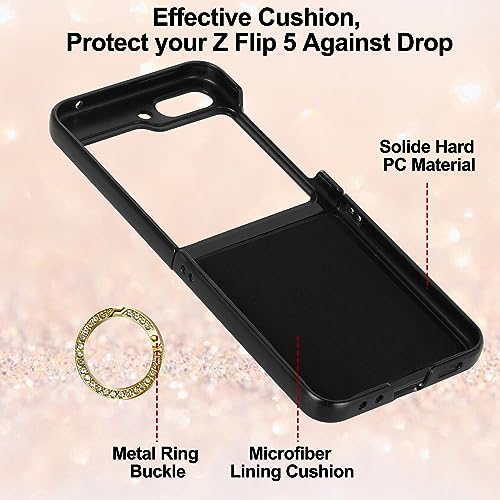 Z Flip 5 Case with Ring, Cute Glitter Bling Slim Leather Galaxy Z Flip 5 Phone Case for Women Girls, Sparkly Rhinestone Diamond Ring Holder Protective Case for Samsung Galaxy Z Flip 5 5G 2023 (Black)