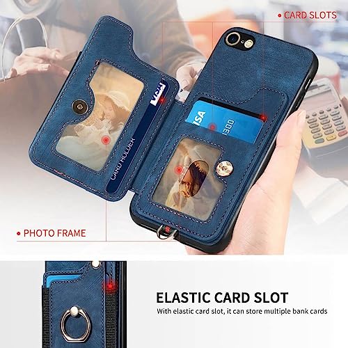 JanCalm for iPhone SE Case 2022/SE 2020 Case,for iPhone 8/7 Case,Card Holder Wallet,Ring Holder Stand,RFID-Blocking,Wrist Strap,Camera Protector,Leather Protective Magnetic Flip Cover (Blue)