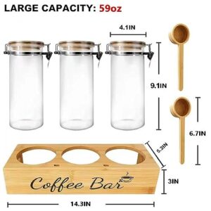 Zrwcvxy Glass Coffee Jar with Shelf,Glass Coffee Canisters with Bamboo Lid and Spoon,3 * 59 OZ Ground Coffee Storage,with Airtight Clip Coffee Bean Canister for Coffee Beans,Ground Coffee,Nuts,Sugar