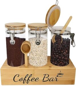 zrwcvxy glass coffee jar with shelf,glass coffee canisters with bamboo lid and spoon,3 * 59 oz ground coffee storage,with airtight clip coffee bean canister for coffee beans,ground coffee,nuts,sugar