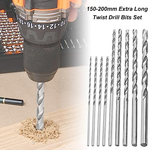 Saipe 9PCS 150-200mm Extra Long Twist Drill Bits Set Round Straight Shank Tool Sets, Lengthened High Speed Steel Twist Drill Set Tool for Wood Plastic and Aluminum(2-10mm OD)
